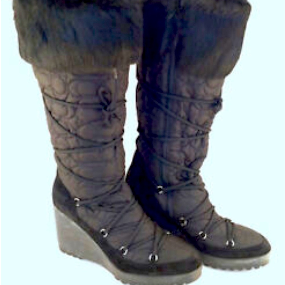 COACH SOFIE Rabbit Fur Trim Monogram, Knee High Platform Snow Boots, Black, Sz 8